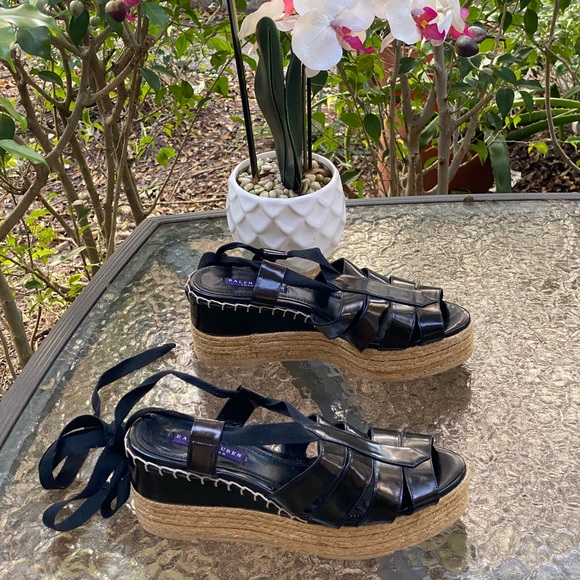 Ralph Lauren Purple Label Black Wrap Around Strap Platform Espadrilles Sandals - Picture 11 of 16